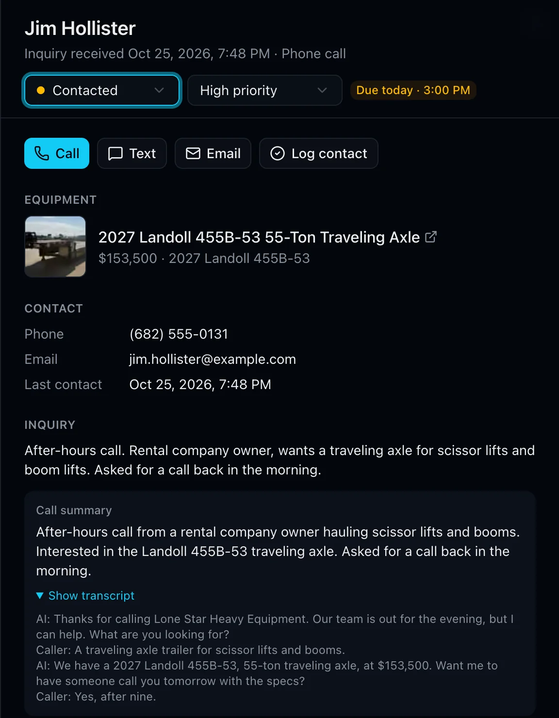 A lead created from an after-hours call: the unit, the caller's details, a call summary and the transcript