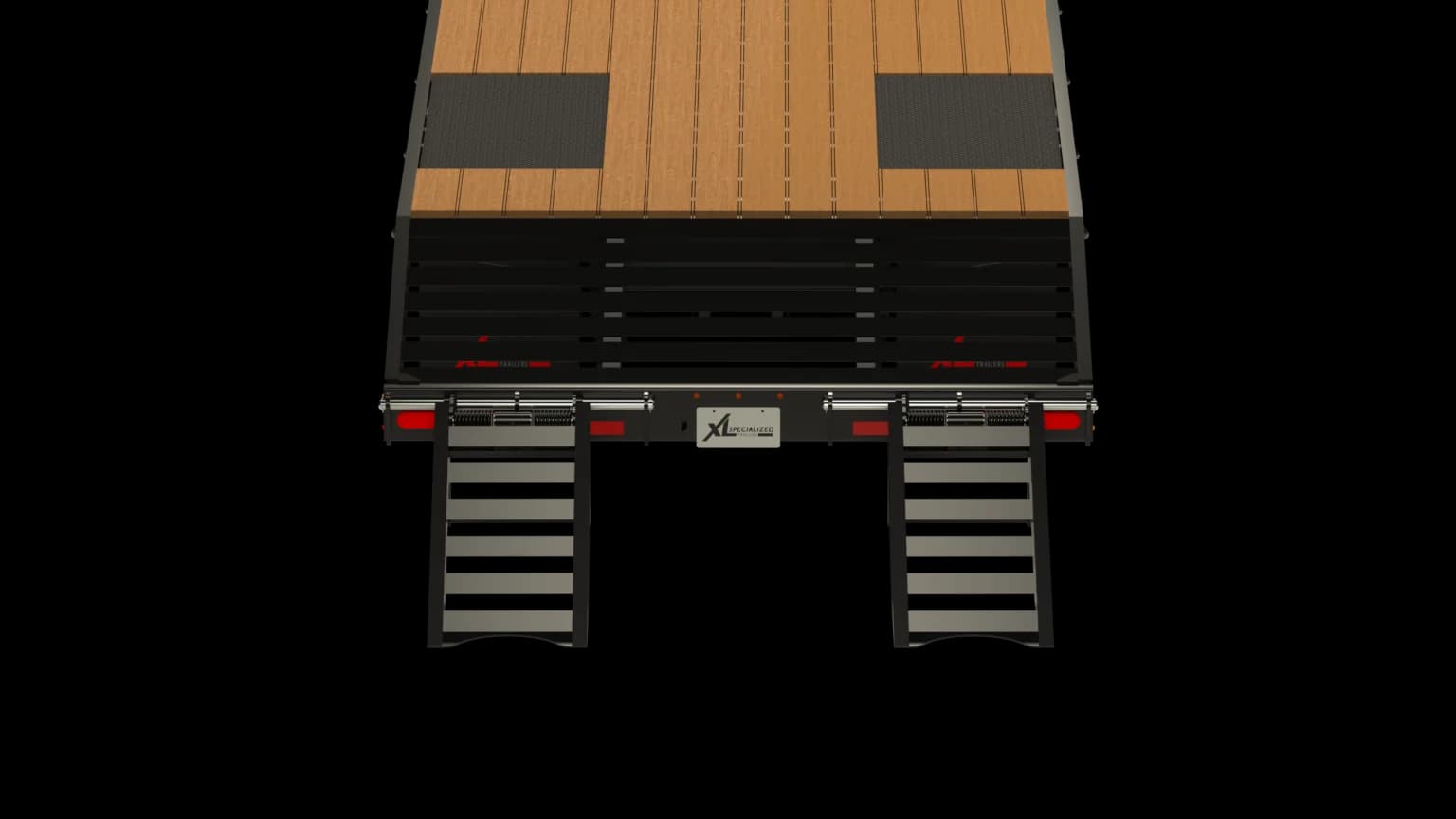 Rendering of XL Tag trailer, aerial view of back deck and ramps