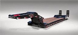 Black two axle lowboy trailer with rear ramps