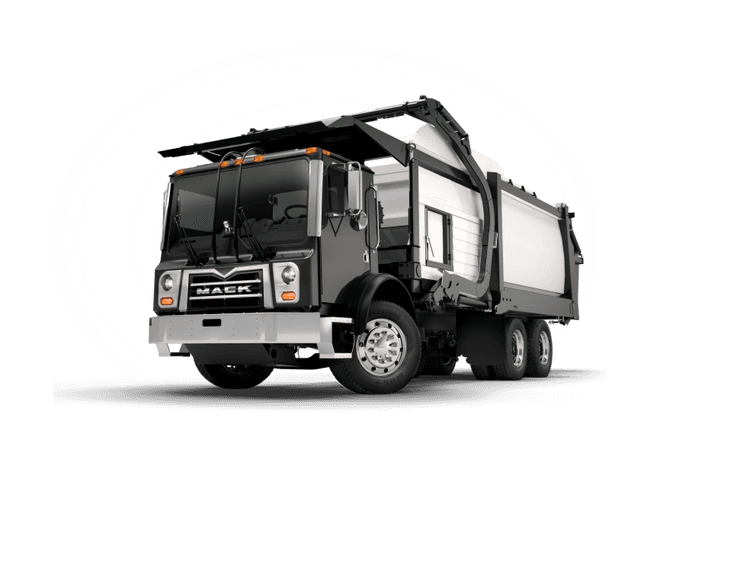 Black Mack Terrapro refuse truck with a raised arm for collecting waste.