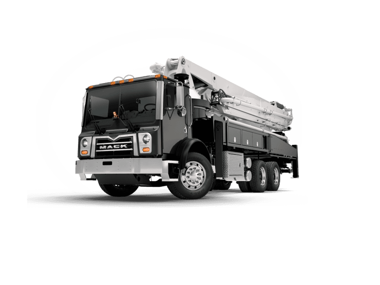 Black Mack Terrapro truck equipped with a concrete pump, ready for construction work.